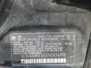2007 BMW 3 Series 328i with VIN WBAVA33537KX76713, listed as a Copart auction lot 53056835 with 86,423 mi miles and Salvage title. Bid and sale history available at DreamBid. Image 12.