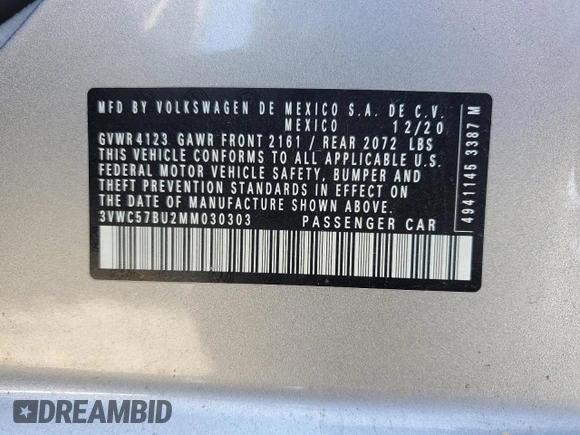 2021 Volkswagen Jetta S with VIN 3VWC57BU2MM030303, listed as a Copart auction lot 54819165 with 31,822 mi miles and Salvage title. Bid and sale history available at DreamBid. Image 12.