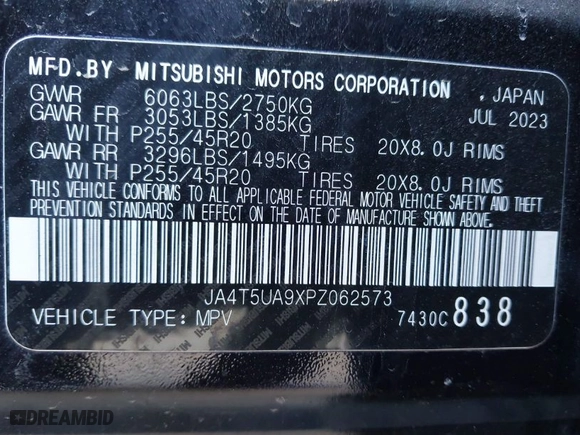 2023 Mitsubishi Outlander PHEV SE with VIN JA4T5UA9XPZ062573, listed as a IAAI auction lot 42006730 with 43,419 mi miles. Bid and sale history available at carsss.com. Image 9.