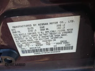 1999 Nissan Altima XE with VIN 1N4DL01D3XC209869, listed as a IAAI auction lot 41414580 with 175,076 mi miles. Bid and sale history available at carsss.com. Image 9.