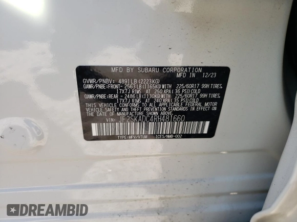 2024 Subaru Forester Premium z VIN JF2SKADC4RH481660, wystawiony jako Copart lot #54402965 z przebiegiem 4 736 mil mil oraz Szkoda całkowita • Salvage title. Historia ofert i sprzedaży dostępna na DreamBid. Obrazek 14.