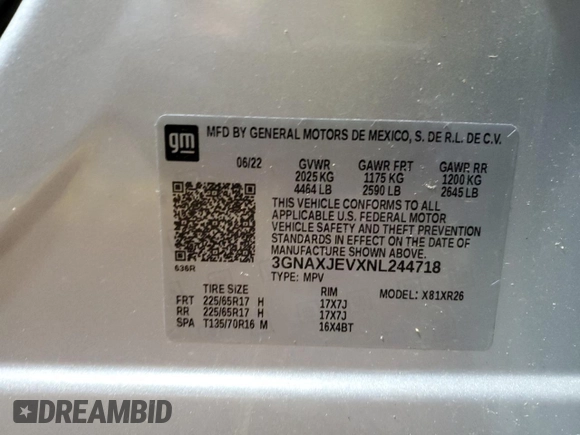 2022 Chevrolet Equinox LT z VIN 3GNAXJEVXNL24471X, wystawiony jako Copart lot #53805995 z przebiegiem Nie podano mil oraz Nie do naprawy • Non repairable. Historia ofert i sprzedaży dostępna na DreamBid. Obrazek 13.