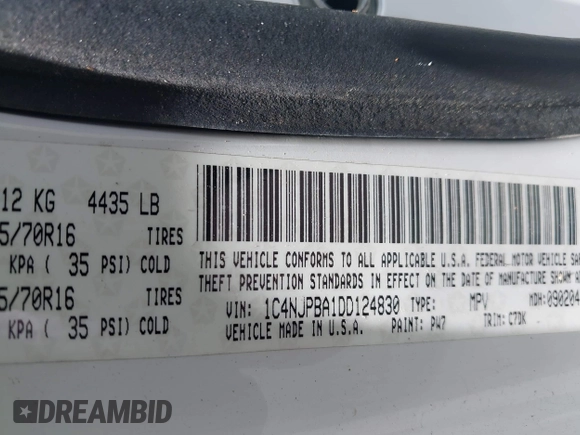 2013 Jeep Patriot Sport with VIN 1C4NJPBA1DD124830, listed as a IAAI auction lot 42505283 with 139,657 mi miles and . Bid and sale history available at DreamBid. Image 9.
