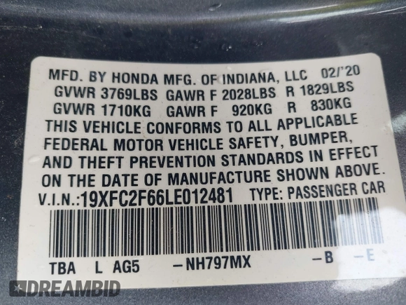 2020 Honda Civic LX z VIN 19XFC2F66LE012481, wystawiony jako IAAI lot #42297600 z przebiegiem 56 602 mil mil oraz . Historia ofert i sprzedaży dostępna na DreamBid. Obrazek 9.