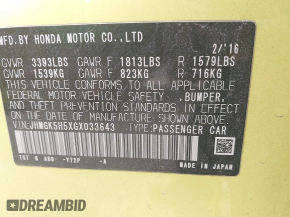 2016 Honda Fit LX z VIN JHMGK5H5XGX033643, wystawiony jako IAAI lot #41690636 z przebiegiem 148 441 mil mil oraz . Historia ofert i sprzedaży dostępna na DreamBid. Obrazek 9.