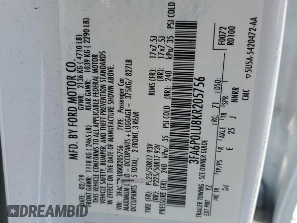 2019 Ford Fusion Hybrid SE with VIN 3FA6P0LU8KR205756, listed as a Copart auction lot 53246655 with 115,182 mi miles and Non Repairable. Bid and sale history available at carsss.com. Image 12.