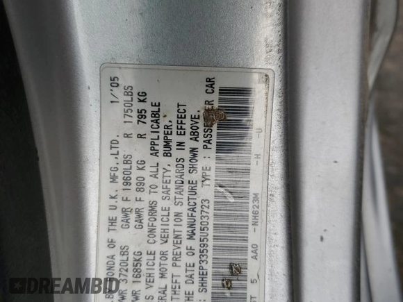 2005 Honda Civic Si with VIN SHHEP33595U503723, listed as a Copart auction lot 48775135 with 128,523 mi miles and Salvage Title. Bid and sale history available at DreamBid. Image 12.