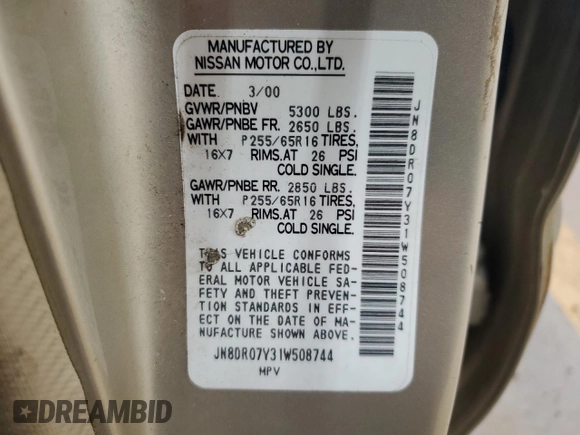 2001 Nissan Pathfinder LE z VIN JN8DR07Y31W508744, wystawiony jako Copart lot #45919825 z przebiegiem 518 383 mil mil oraz Szkoda całkowita • Salvage title. Historia ofert i sprzedaży dostępna na DreamBid. Obrazek 13.
