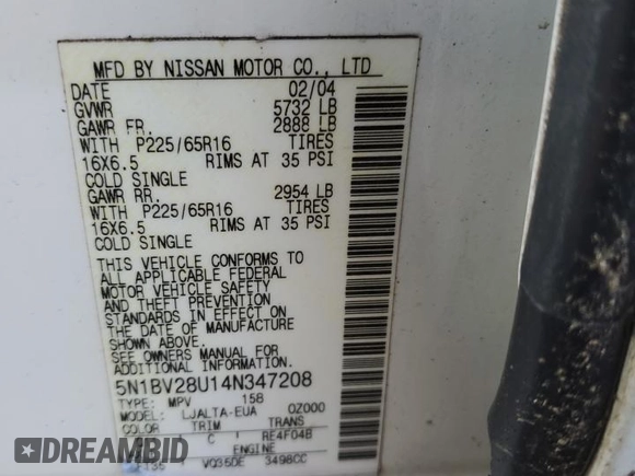 2004 Nissan Quest SE with VIN 5N1BV28U14N347208, listed as a Copart auction lot 42295345 with 222,209 mi miles and Salvage Title. Bid and sale history available at carsss.com. Image 13.