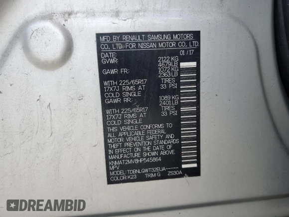 2017 Nissan Rogue S with VIN KNMAT2MV8HP545864, listed as a Copart auction lot 61584795 with Not provided miles and Salvage title. Bid and sale history available at DreamBid. Image 13.