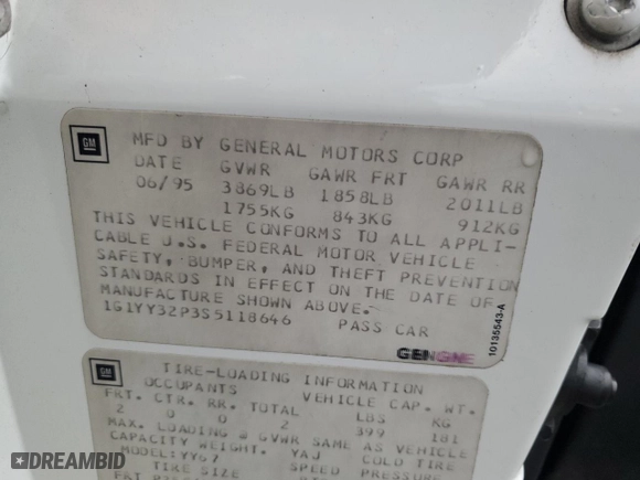1995 Chevrolet Corvette with VIN 1G1YY32P3S5118646, listed as a Copart auction lot 81766814 with 125,521 mi miles and Salvage Title. Bid and sale history available at carsss.com. Image 13.