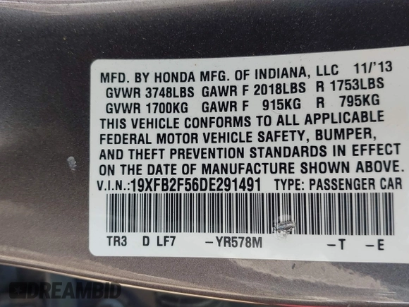 2013 Honda Civic LX with VIN 19XFB2F56DE291491, listed as a IAAI auction lot 41947866 with Not Provided miles and . Bid and sale history available at DreamBid. Image 9.