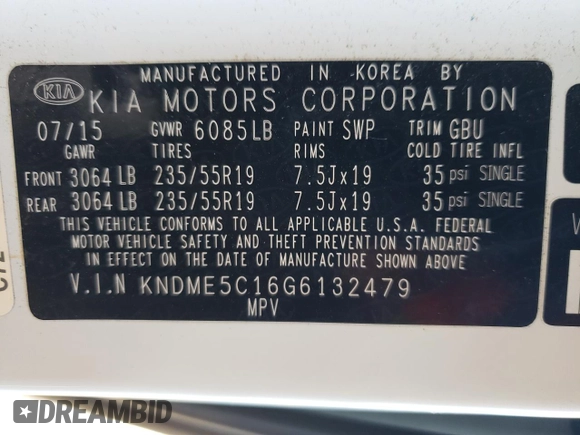 2016 Kia Sedona SX-L with VIN KNDME5C16G6132479, listed as a Copart auction lot 66781744 with 116,663 mi miles and Salvage Title. Bid and sale history available at carsss.com. Image 13.