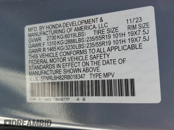 2024 Honda Odyssey Touring с VIN 5FNRL6H82RB018347, выставлен на аукционе Copart как лот 57490295 с пробегом Не указан миль и Списание • Salvage title. История ставок и продаж доступна на DreamBid. Изображение 14.