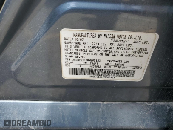 2008 Infiniti G35 with VIN JNKBV61E18M205983, listed as a Copart auction lot 51067304 with 124,945 mi miles and Clean Title. Bid and sale history available at DreamBid. Image 12.