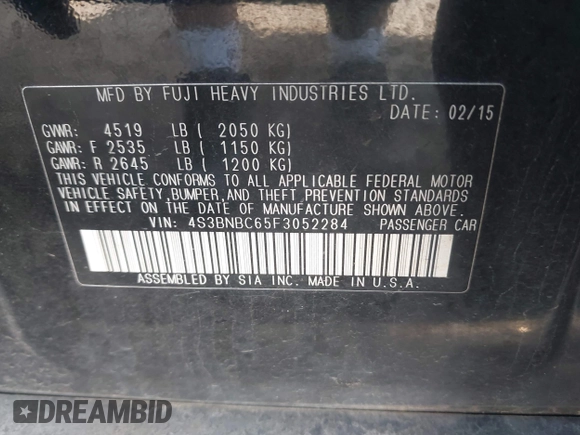 2015 Subaru Legacy Premium with VIN 4S3BNBC65F3052284, listed as a IAAI auction lot 42198138 with 149,365 mi miles and . Bid and sale history available at DreamBid. Image 9.
