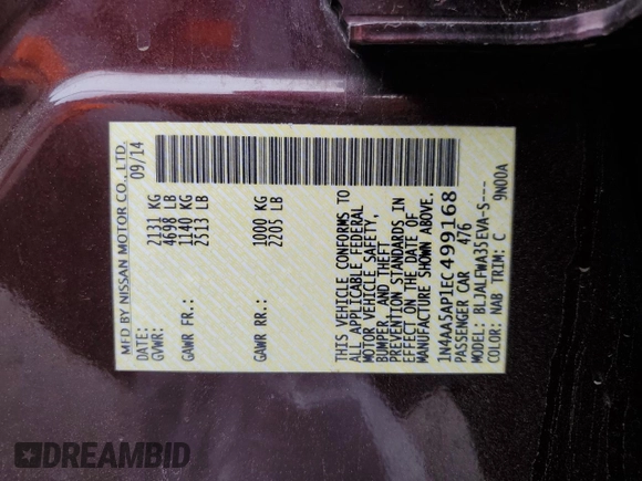 2014 Nissan Maxima SV with VIN 1N4AA5AP1EC499168, listed as a Copart auction lot 54109905 with 110,216 mi miles and Salvage title. Bid and sale history available at DreamBid. Image 13.