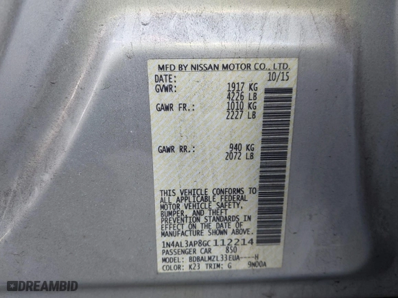 2016 Nissan Altima 2.5 SL with VIN 1N4AL3AP8GC112214, listed as a IAAI auction lot 41328138 with 131,288 mi miles. Bid and sale history available at carsss.com. Image 9.