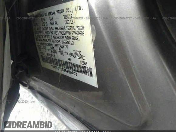 2000 Nissan Altima XE with VIN 1N4DL01D9YC200403, listed as a IAAI auction lot 36477575 with 182,499 mi miles and . Bid and sale history available at DreamBid. Image 9.