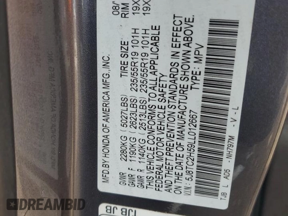 2020 Acura RDX Technology with VIN 5J8TC2H59LL012667, listed as a Copart auction lot 54104205 with Not provided miles and Salvage title. Bid and sale history available at DreamBid. Image 13.