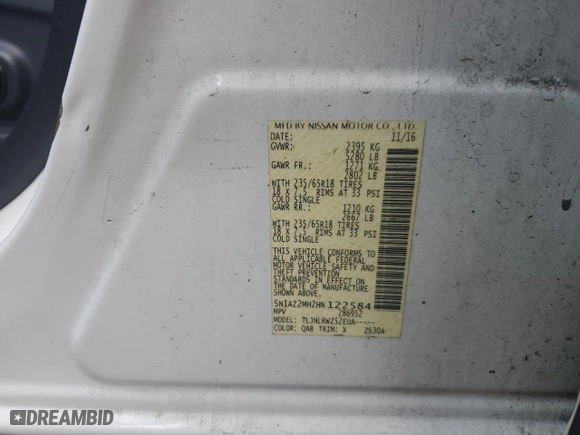 2017 Nissan Murano SL with VIN 5N1AZ2MH2HN122584, listed as a Copart auction lot 68319984 with 103,173 mi miles and Non Repairable. Bid and sale history available at carsss.com. Image 15.