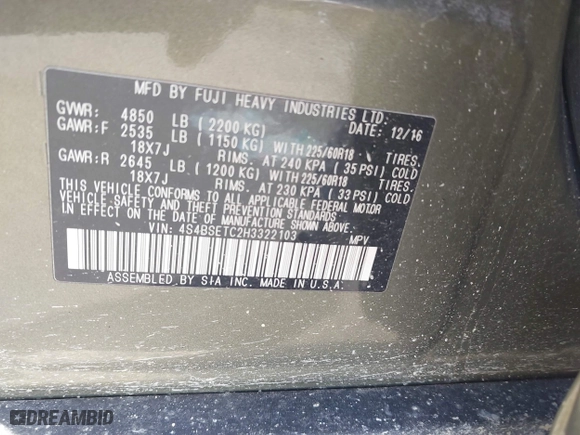 2017 Subaru Outback Touring with VIN 4S4BSETC2H3322103, listed as a IAAI auction lot 41770780 with 84,405 mi miles. Bid and sale history available at carsss.com. Image 9.