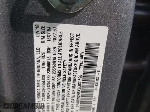 2018 Honda CR-V EX-L with VIN 7FARW2H8XJE031596, listed as a Copart auction lot 59059272 with 33,406 mi miles. Bid and sale history available at carsss.com. Image 10.
