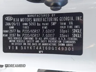 2011 Kia Sorento LX with VIN 5XYKT4A16BG149301, listed as a IAAI auction lot 41857018 with 169,963 mi miles. Bid and sale history available at carsss.com. Image 9.