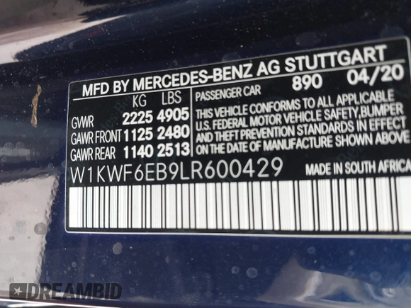 2020 Mercedes-Benz C 43 AMG with VIN W1KWF6EB9LR600429, listed as a IAAI auction lot 38855677 with Not Provided miles and . Bid and sale history available at carsss.com. Image 9.