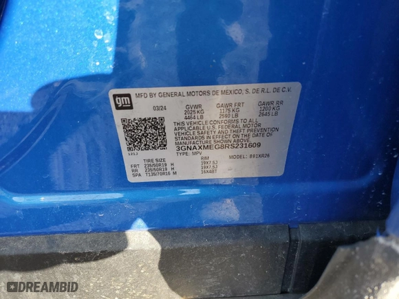 2024 Chevrolet Equinox RS with VIN 3GNAXMEG8RS231609, listed as a Copart auction lot 44684685 with 0 mi miles and Salvage Title. Bid and sale history available at carsss.com. Image 14.