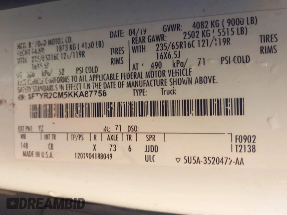 2019 Ford Transit with VIN 1FTYR2CM5KKA87758, listed as a IAAI auction lot 41878097 with 95,710 mi miles. Bid and sale history available at carsss.com. Image 9.