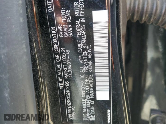 2016 Volvo S60 T5 Premier with VIN YV1612TKXG2402195, listed as a Copart auction lot 60140015 with 105,540 mi miles and Salvage title. Bid and sale history available at DreamBid. Image 12.