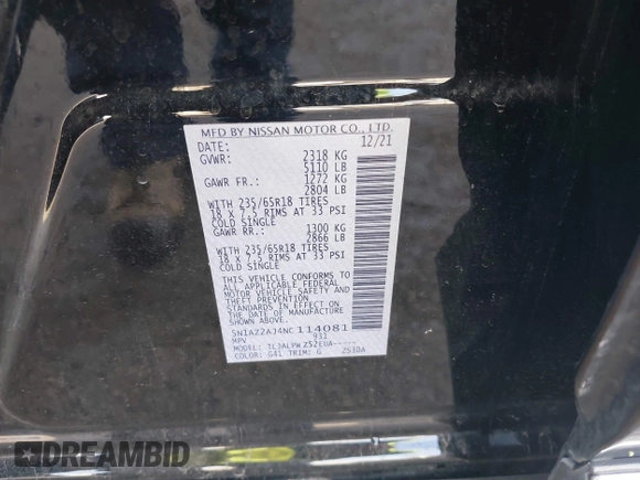 2022 Nissan Murano S with VIN 5N1AZ2AJ4NC114081, listed as a IAAI auction lot 40743673 with 39,124 mi miles and . Bid and sale history available at DreamBid. Image 9.