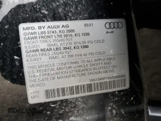 2021 Audi SQ5 with VIN WA134BFYXM2068952, listed as a Copart auction lot 51544055 with 42,690 mi miles and Salvage Title. Bid and sale history available at DreamBid. Image 13.