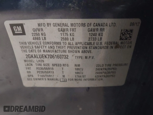 2013 GMC Terrain SLT with VIN 2GKALUEK7D6160732, listed as a IAAI auction lot 41561463 with 131,797 mi miles and . Bid and sale history available at carsss.com. Image 9.