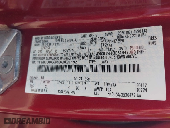 2013 Ford Escape SE with VIN 1FMCU0GX6DUA91192, listed as a IAAI auction lot 42157380 with 170,628 mi miles and . Bid and sale history available at DreamBid. Image 9.