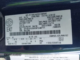 2016 Ford F-150 XL with VIN 1FTEX1C8XGFC48711, listed as a IAAI auction lot 42354087 with Not provided miles and . Bid and sale history available at DreamBid. Image 9.