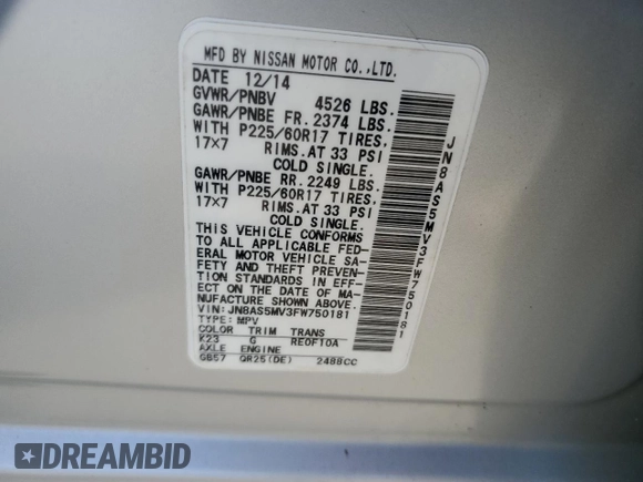2015 Nissan Rogue S with VIN JN8AS5MV3FW750181, listed as a Copart auction lot 55231875 with 141,948 mi miles and Clean Title. Bid and sale history available at DreamBid. Image 13.