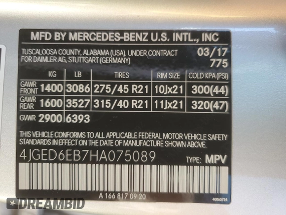 2017 Mercedes-Benz GLE 43 AMG with VIN 4JGED6EB7HA075089, listed as a Copart auction lot 48870285 with 120,601 mi miles and Salvage title. Bid and sale history available at DreamBid. Image 12.