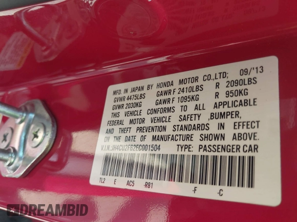 2014 Acura TSX Technology with VIN JH4CU2F62EC001504, listed as a IAAI auction lot 42380603 with 136,715 mi miles and . Bid and sale history available at DreamBid. Image 9.