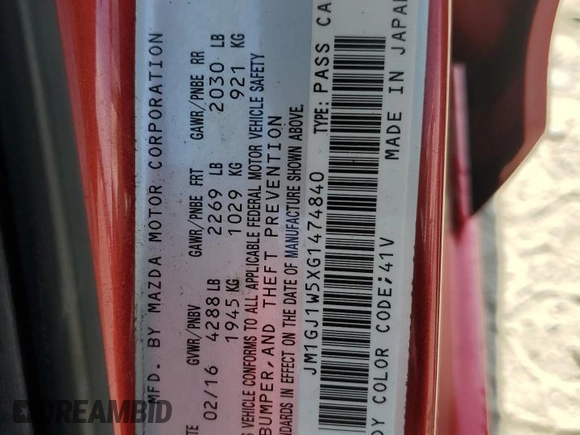 2016 Mazda 6 i Grand Touring with VIN JM1GJ1W5XG1474840, listed as a Copart auction lot 54019355 with 129,760 mi miles and Salvage Title. Bid and sale history available at DreamBid. Image 12.