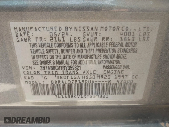 2024 Nissan Sentra SV with VIN 3N1AB8CV1RY359321, listed as a IAAI auction lot 41934016 with 9,711 mi miles and . Bid and sale history available at DreamBid. Image 9.