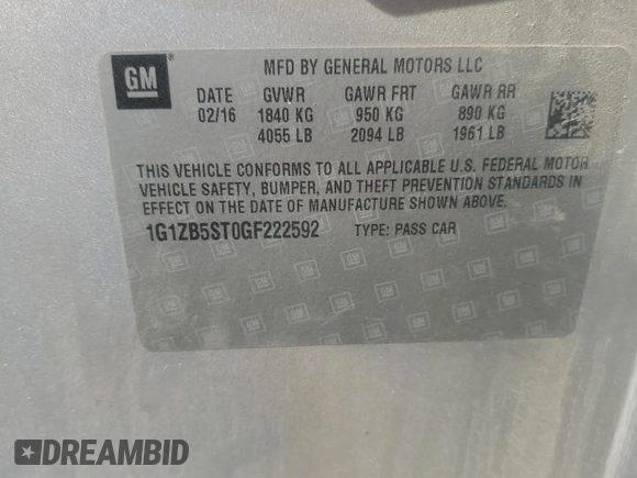 2016 Chevrolet Malibu LS с VIN 1G1ZB5ST0GF222592, выставлен на аукционе Copart как лот 58391495 с пробегом 133 296 миль миль и Списание • Salvage title. История ставок и продаж доступна на DreamBid. Изображение 12.