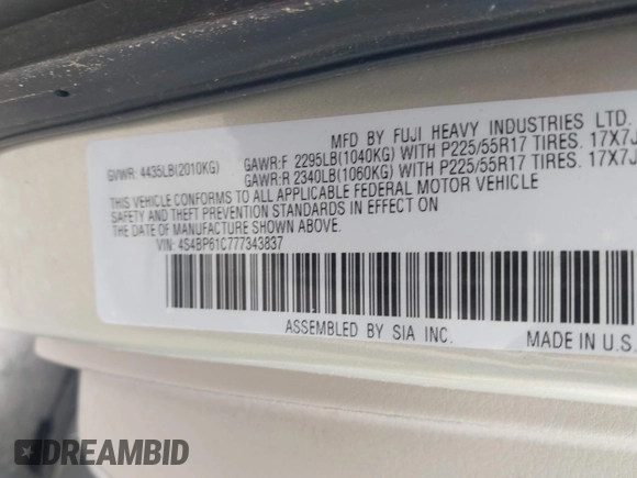 2007 Subaru Legacy Outback with VIN 4S4BP61C777343837, listed as a IAAI auction lot 42681258 with 132,957 mi miles and . Bid and sale history available at DreamBid. Image 9.