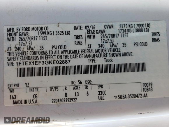 2016 Ford F-150 XLT with VIN 1FTEX1EF3GKE02887, listed as a Copart auction lot 52957325 with 216,905 mi miles and Clean Title. Bid and sale history available at carsss.com. Image 12.