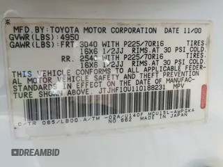 2001 Lexus RX 300 with VIN JTJHF10U110188231, listed as a IAAI auction lot 42135609 with 236,462 mi miles. Bid and sale history available at carsss.com. Image 9.