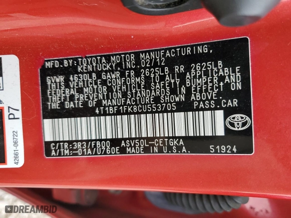 2012 Toyota Camry L with VIN 4T1BF1FK8CU553705, listed as a Copart auction lot 43623895 with 172,571 mi miles and Salvage Title. Bid and sale history available at carsss.com. Image 13.
