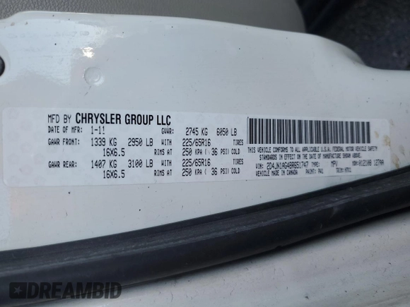 2011 Dodge Grand Caravan with VIN 2D4JN1AG4BR651747, listed as a Copart auction lot 48582855 with Not Provided miles and Salvage Title. Bid and sale history available at DreamBid. Image 13.