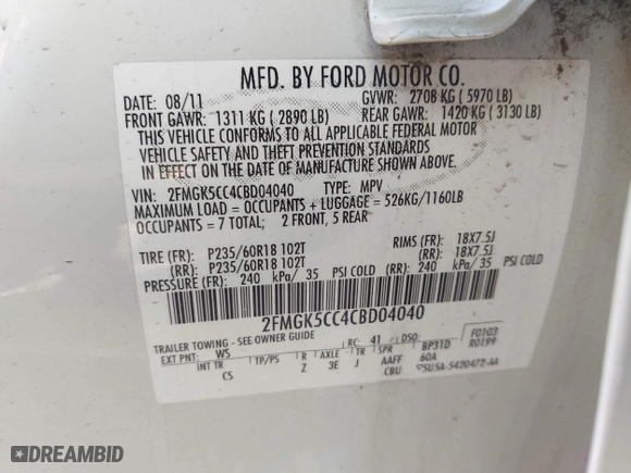 2012 Ford Flex SEL with VIN 2FMGK5CC4CBD04040, listed as a IAAI auction lot 41923265 with 147,434 mi miles. Bid and sale history available at carsss.com. Image 9.