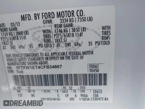 2012 Ford F-150 XL with VIN 1FTFW1ET4CFB34867, listed as a IAAI auction lot 42444197 with 192,234 mi miles and . Bid and sale history available at DreamBid. Image 9.